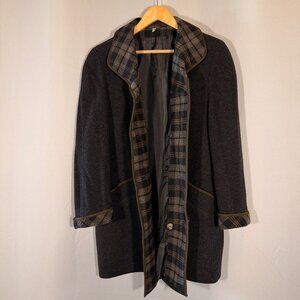 Vintage Plaid-Trim Wool Coat – Dark Gray – Mid-Length Classic Jacket